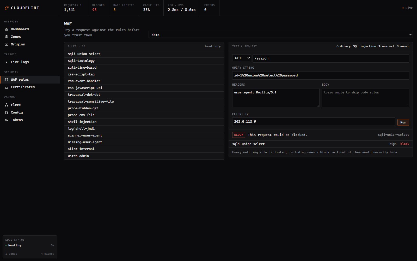 WAF rules with the built-in tester showing a SQL injection being blocked