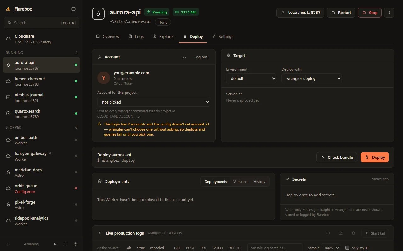 Deploy tab: account, environment and live production logs
