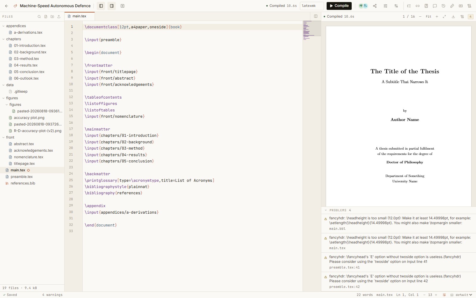 Editor with file tree, LaTeX source, compiled PDF and build problems