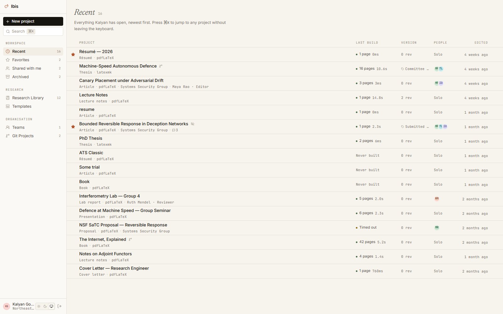 Projects with last build, versions and collaborators