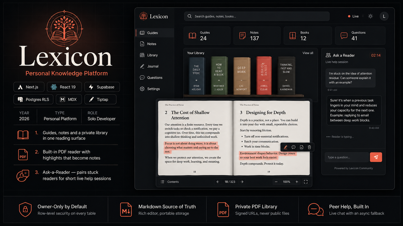 Lexicon — Personal Knowledge Platform (Guides · Notes · Library)