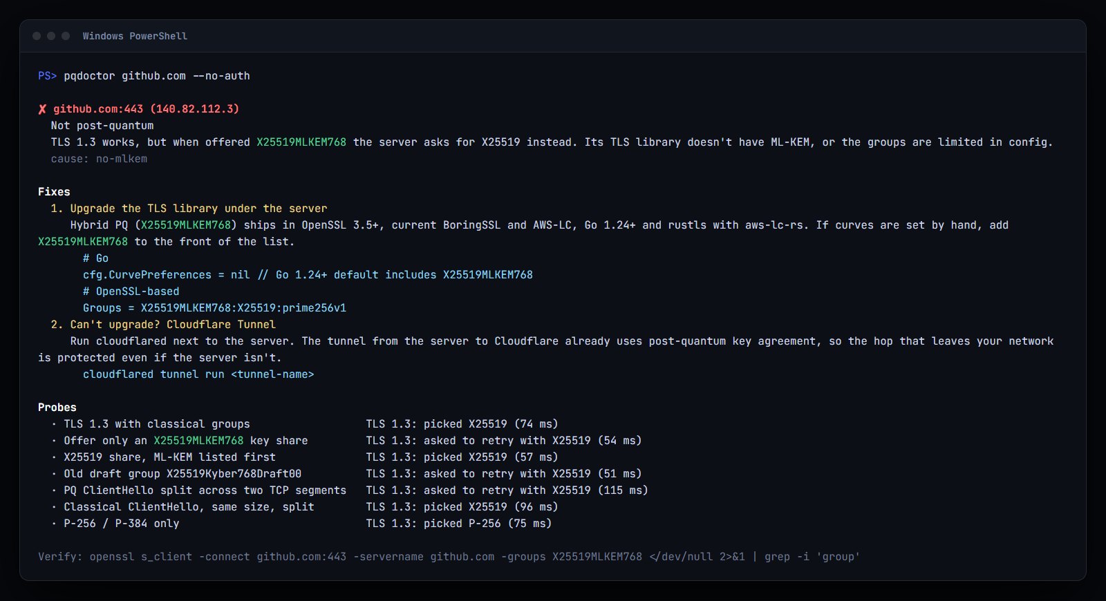 A real run against github.com: not post-quantum, the cause, and the fixes