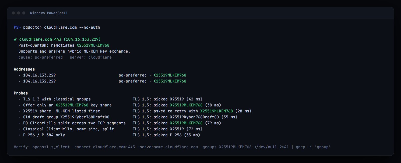 The same check against cloudflare.com, which prefers X25519MLKEM768
