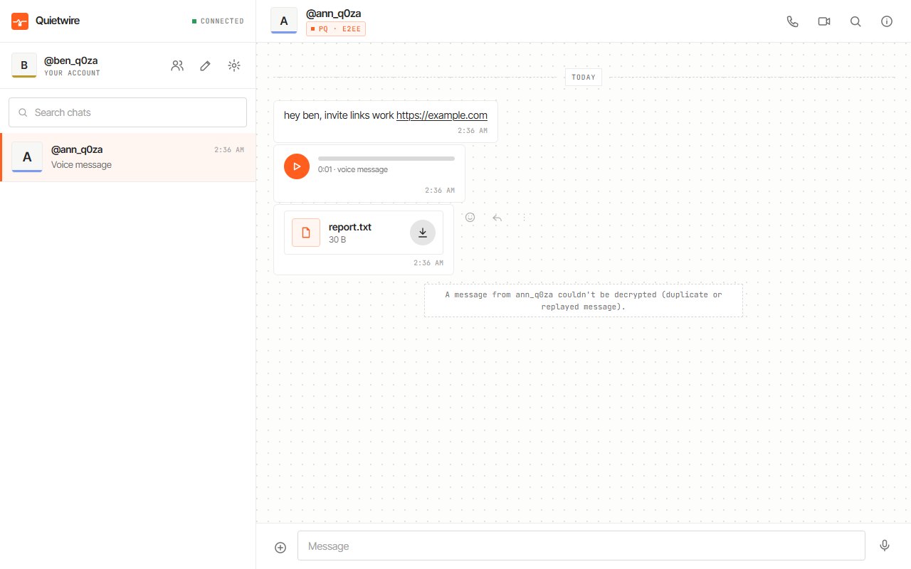 Voice messages and file transfer, end-to-end encrypted